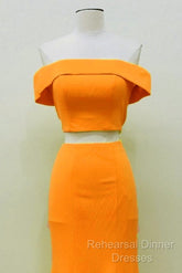 Two Piece Orange Semi Formal Prom Dresses Mermaid Off Shoulder